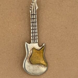 Sterling Silver Mexico Guitar Brooch Two Tone Details  2"